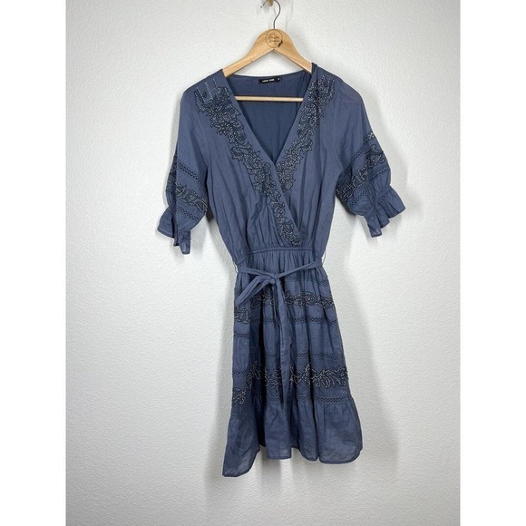 Love Sam Beaded Embroidered Boho Dress Small Dark Blue Ruffle Lace Anthropologie - Picture 1 of 6